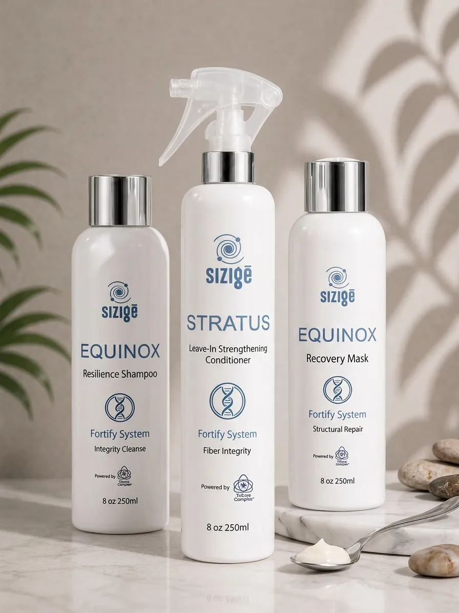 The Sizige Fortify System lineup — Equinox Resilience Shampoo, Stratus and Equinox Recovery Mask
