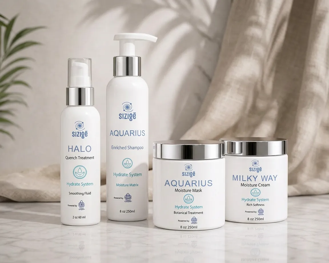 The Sizige Hydrate System lineup — Halo, Aquarius Enriched Shampoo, Aquarius Moisture Mask and Milky Way