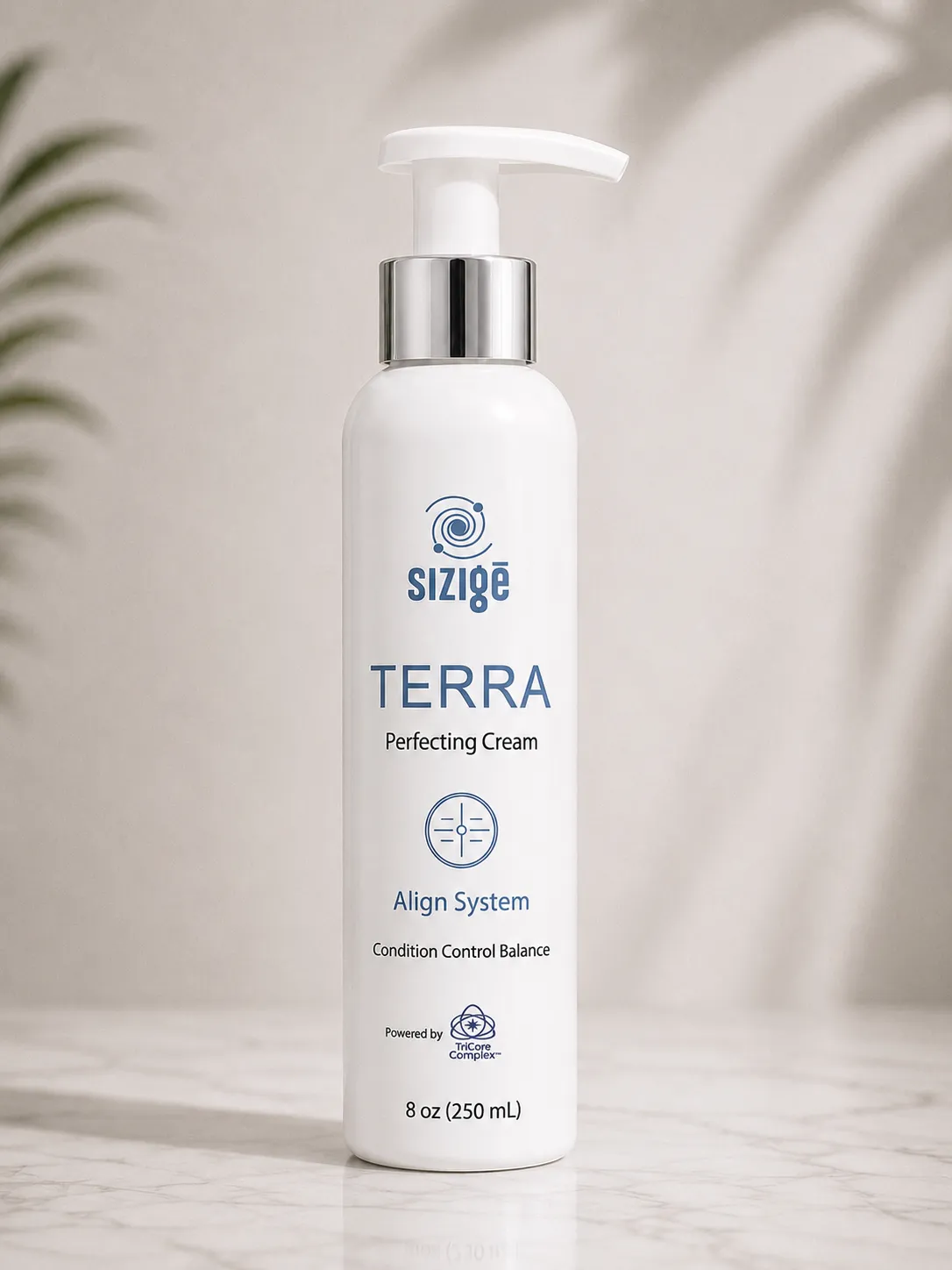 Sizige Terra Perfecting Cream bottle on a marble surface
