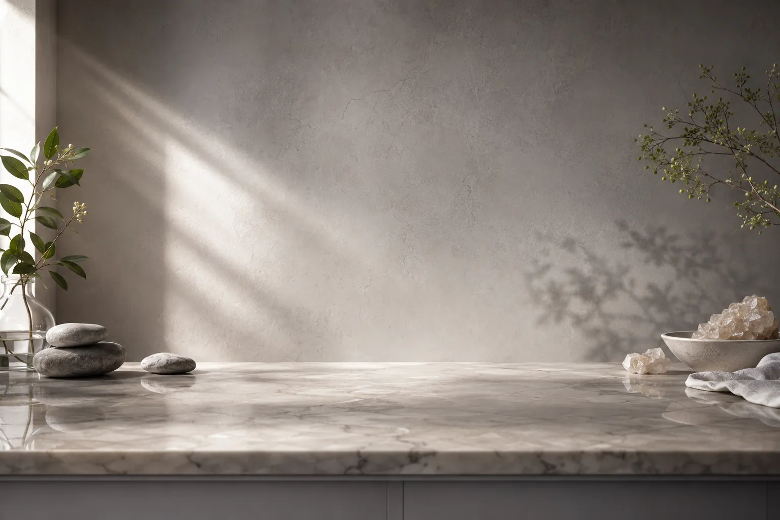 A calm marble surface with stones and botanicals in soft daylight