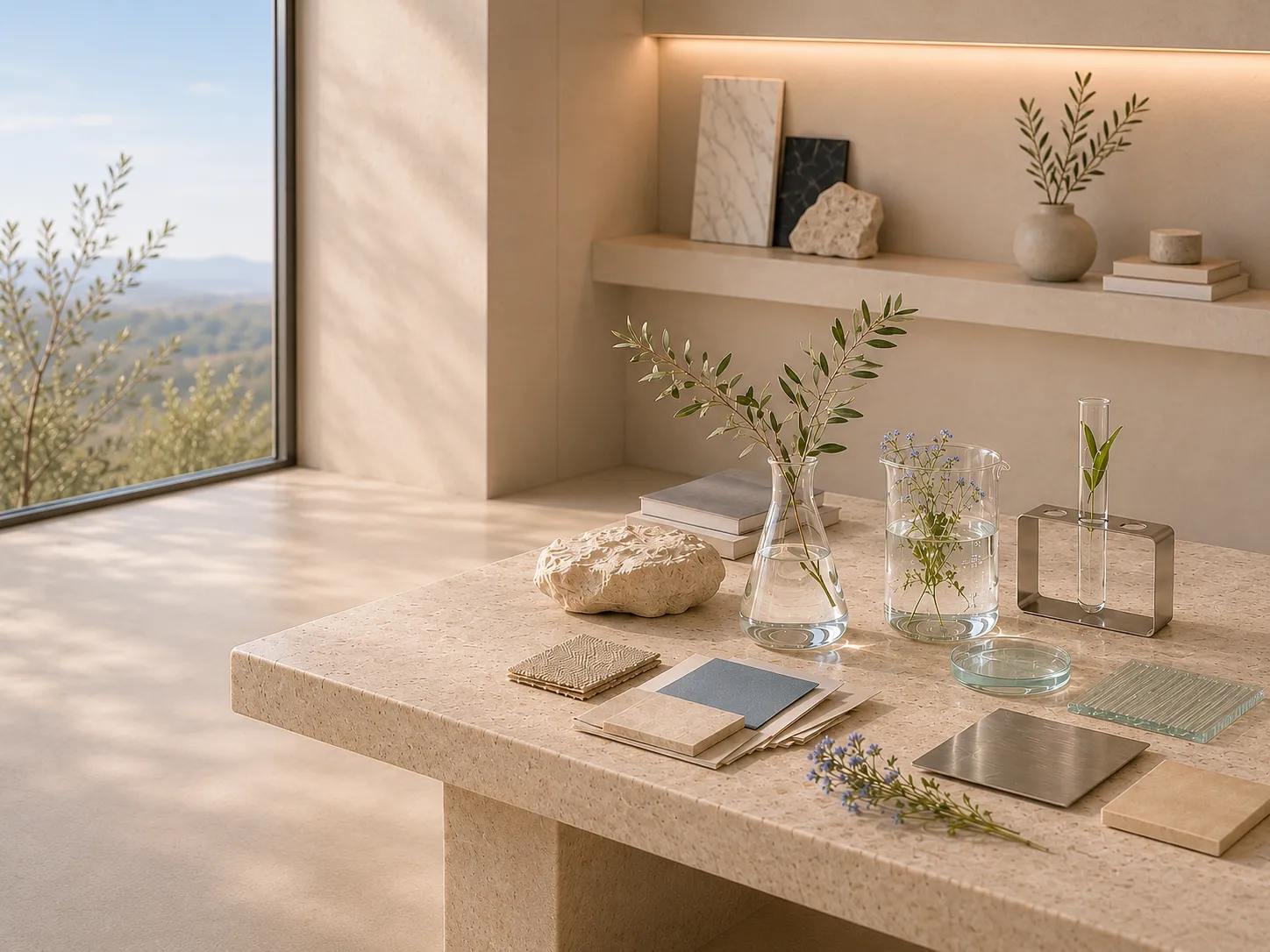 A sunlit studio bench with glassware, botanicals and material samples