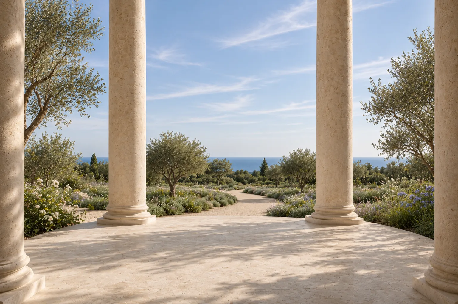 A stone colonnade opening onto an olive grove and the sea