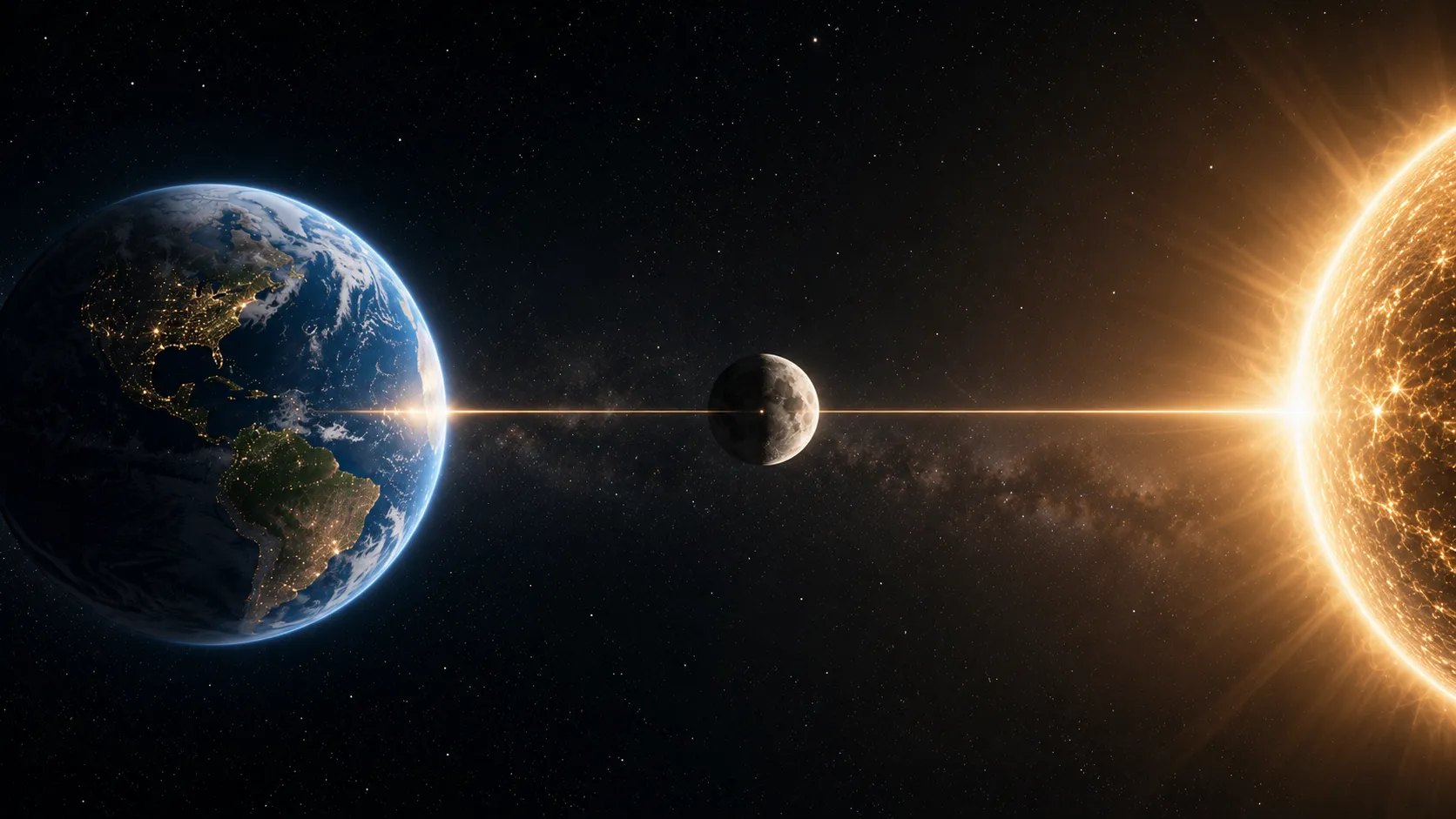 The Earth, Moon and Sun in syzygy — a straight-line alignment in space